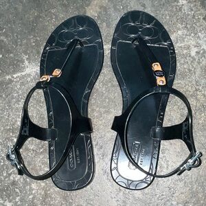 Coach Women’s Piccadilly Jelly Thong Sandals Black Tan Accents Like New Size 9B
